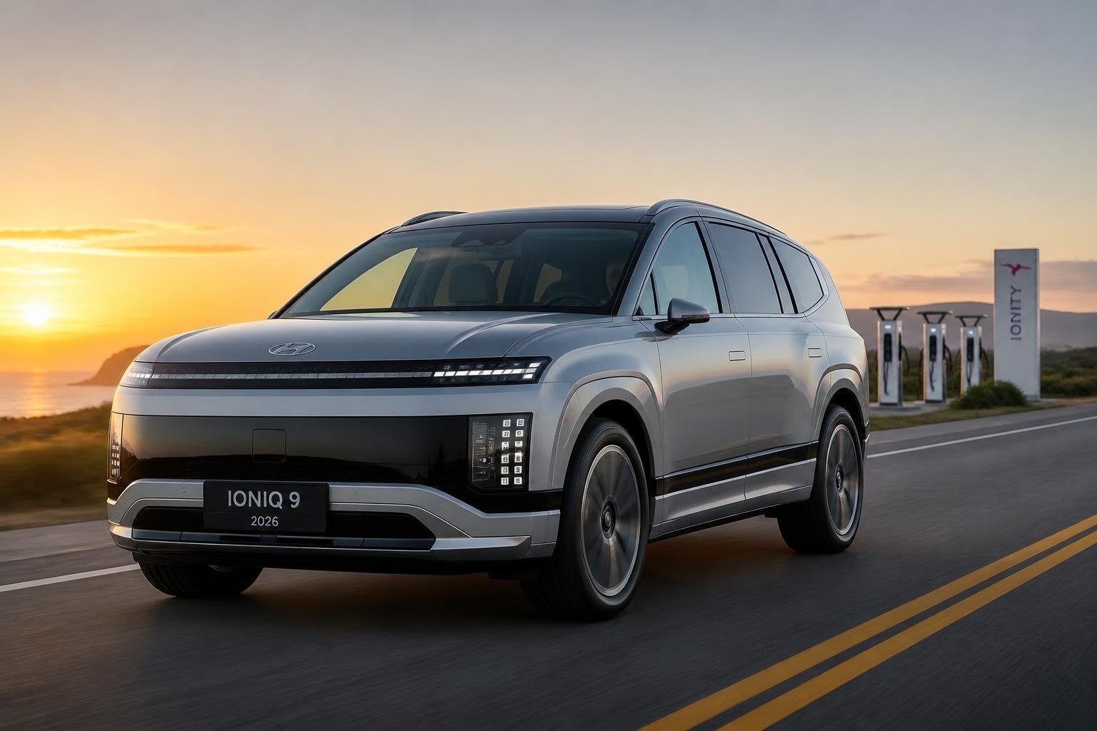 2026 Hyundai Ioniq 9 three-row electric SUV photographed outdoors in daylight with open road and charging infrastructure