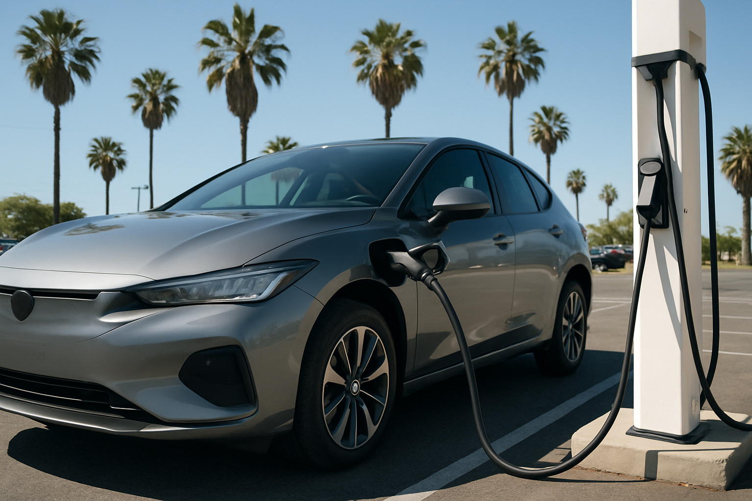 Electric vehicle charging at a California public charging station under clear skies